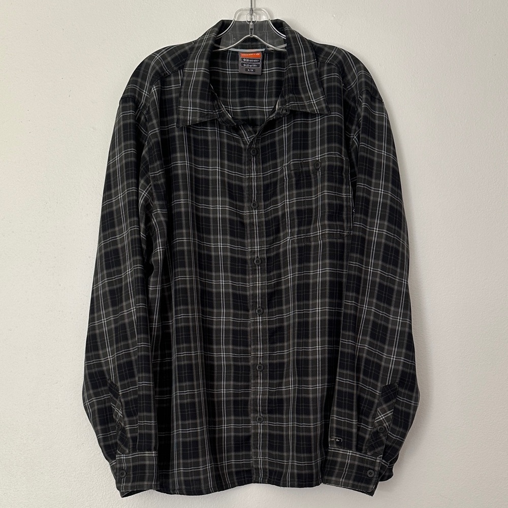 Merrell Opti-wick UPF 20+ Gray Black Plaid Long Sleeve Button Up Shirt Size XL